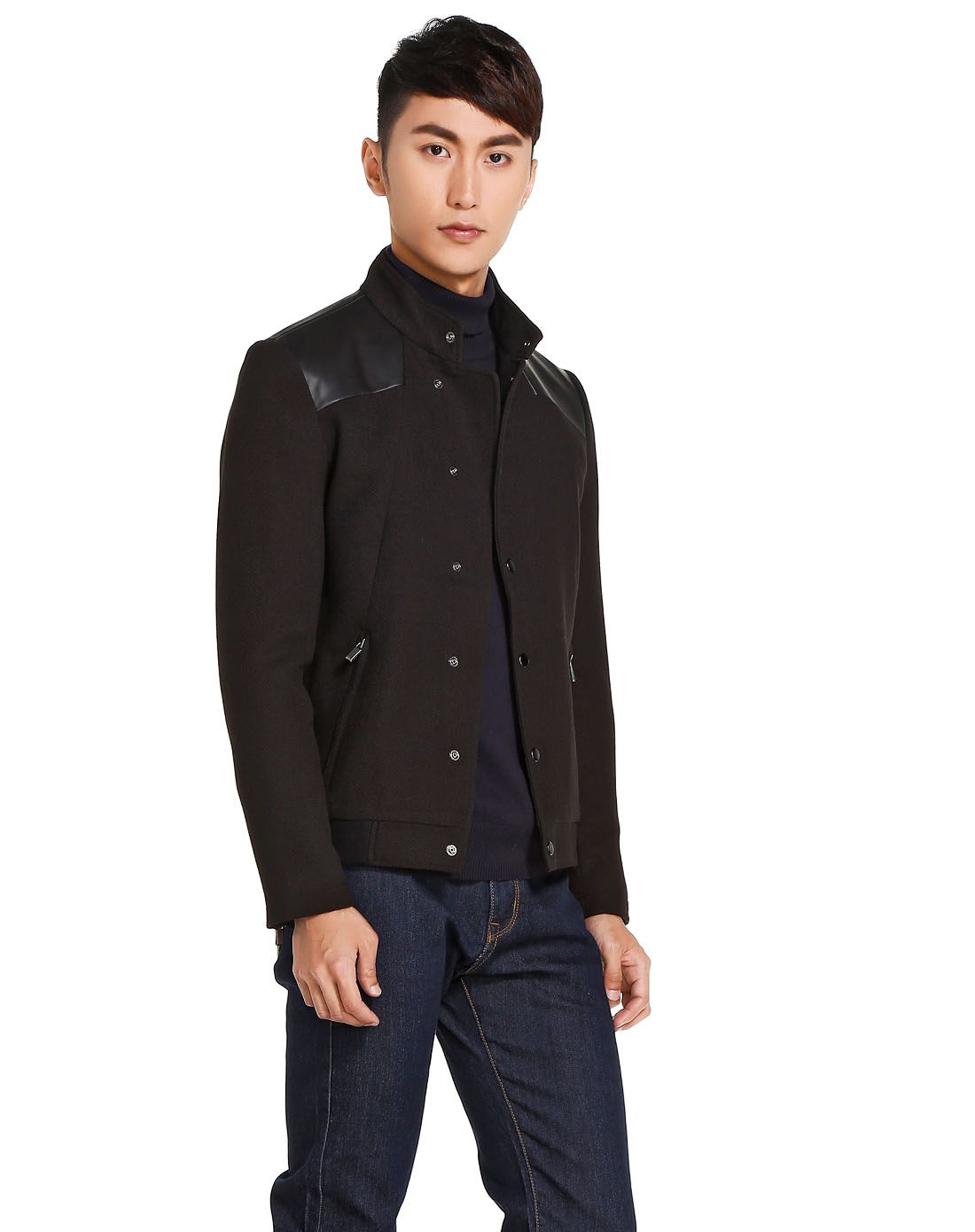 卡宾cabbeen lifestyle漆黑色立领单排扣拼接茄克315313862811_唯品会