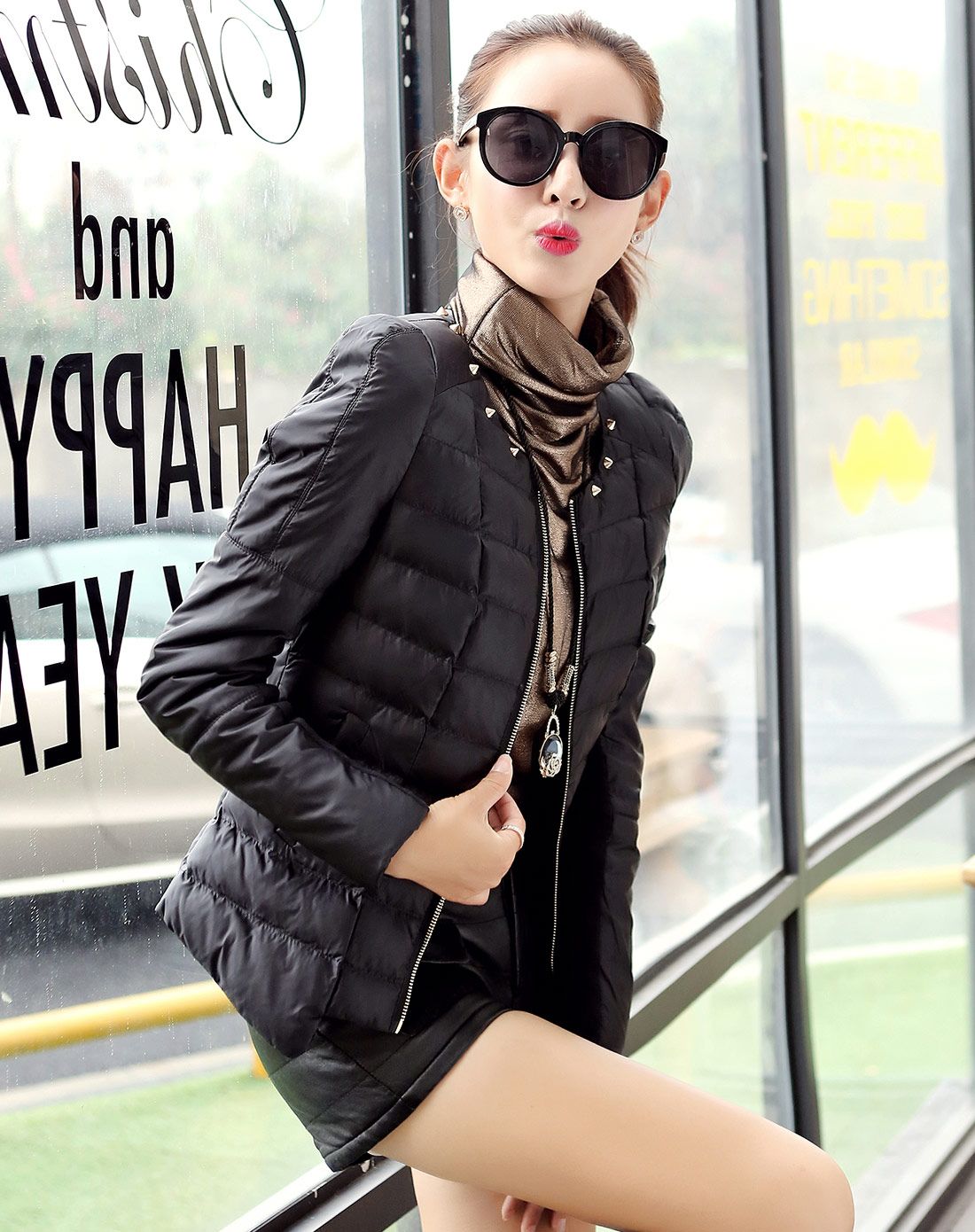 沫晗依美移动端专场黑色修身短款圆领棉衣外套zh5m920hei_唯品会