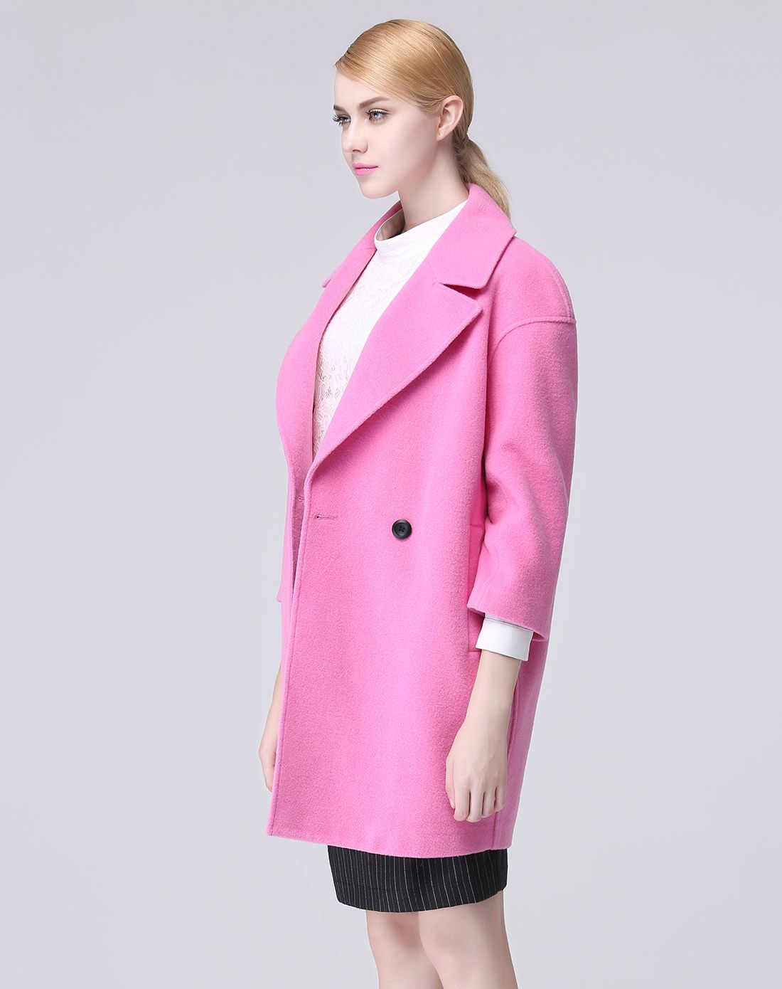 粉色时尚韩版0型呢子外套