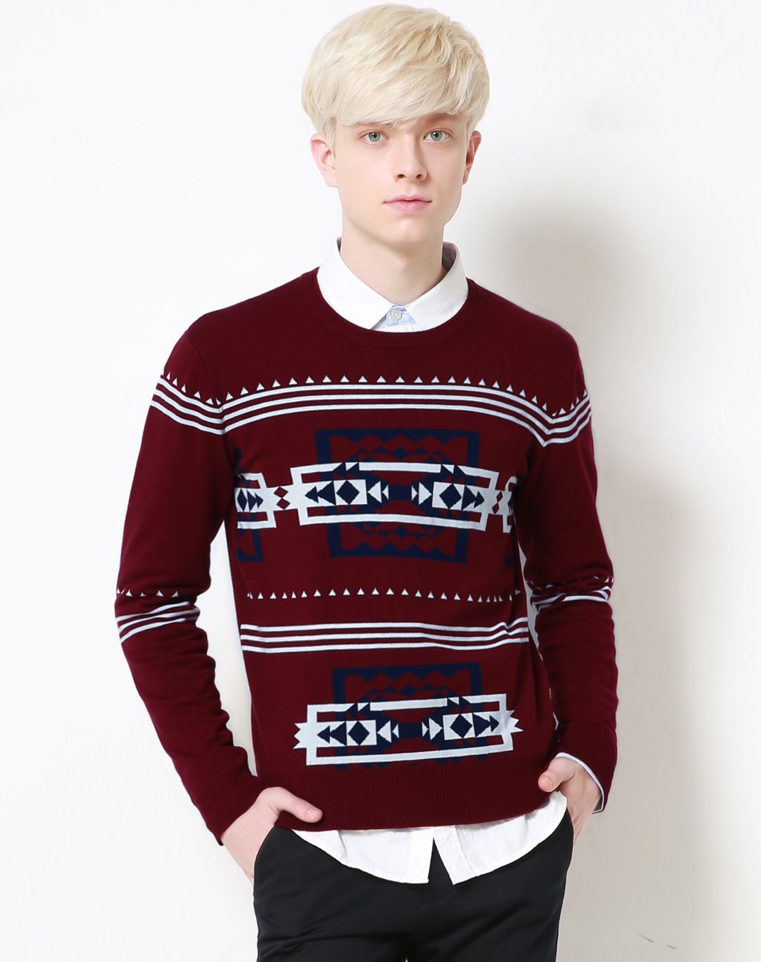 三福时尚男女装男款枣红花版圆领毛衣350127枣红_唯品会