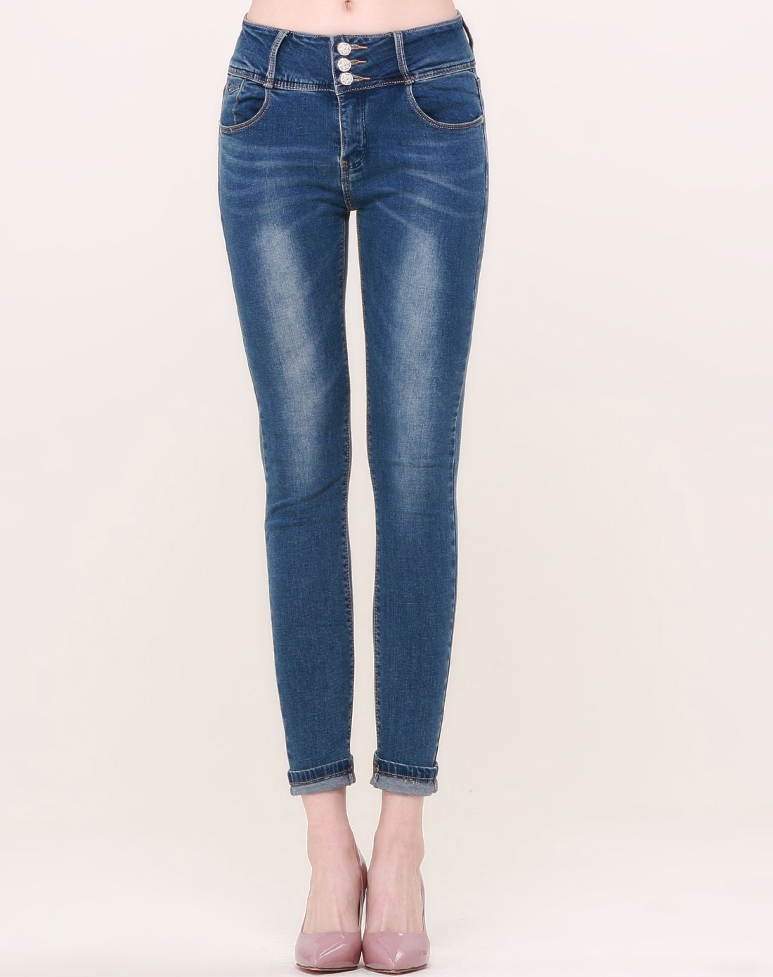 女款宝蓝高腰小脚款牛仔裤