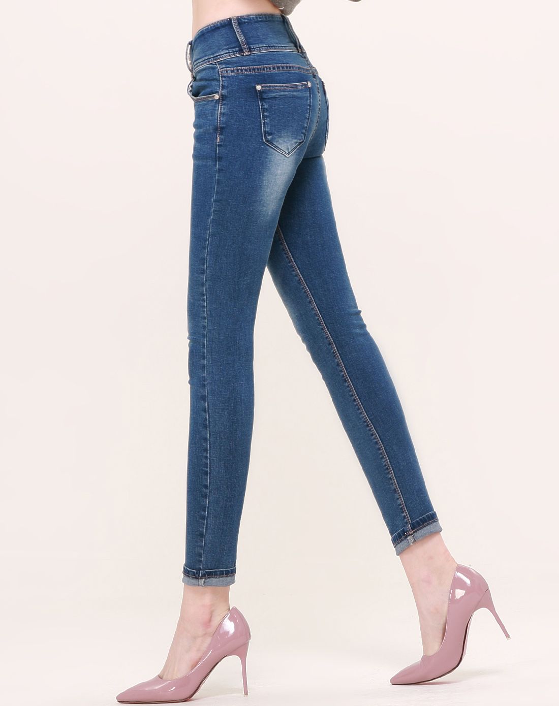 女款宝蓝高腰小脚款牛仔裤
