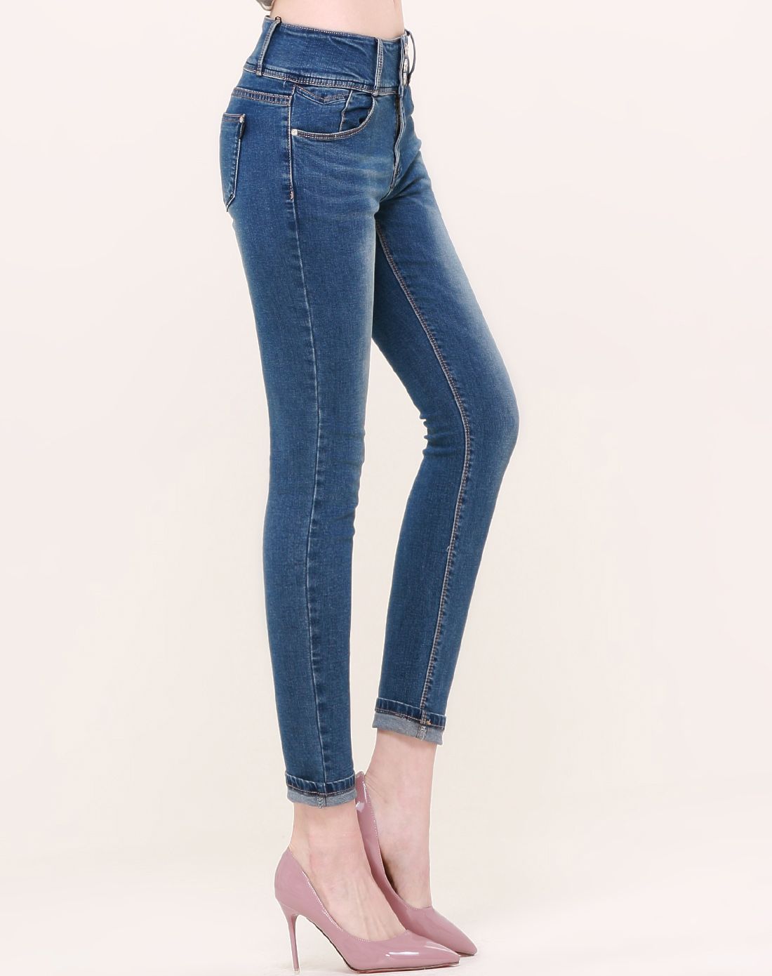 女款宝蓝高腰小脚款牛仔裤