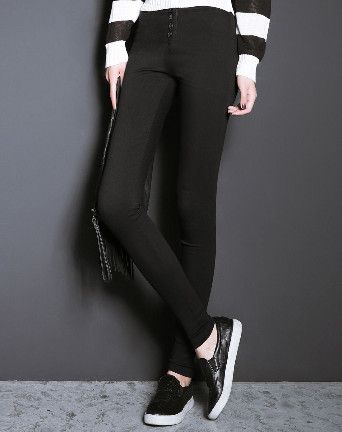 黑色加绒 超弹力高腰百搭休闲小脚裤