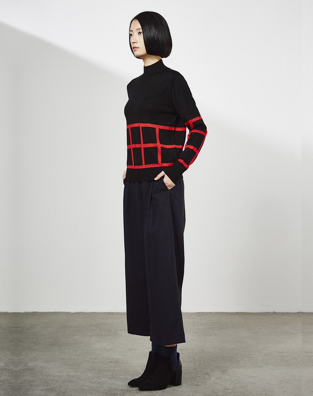 几何方格纹h型套头毛衫