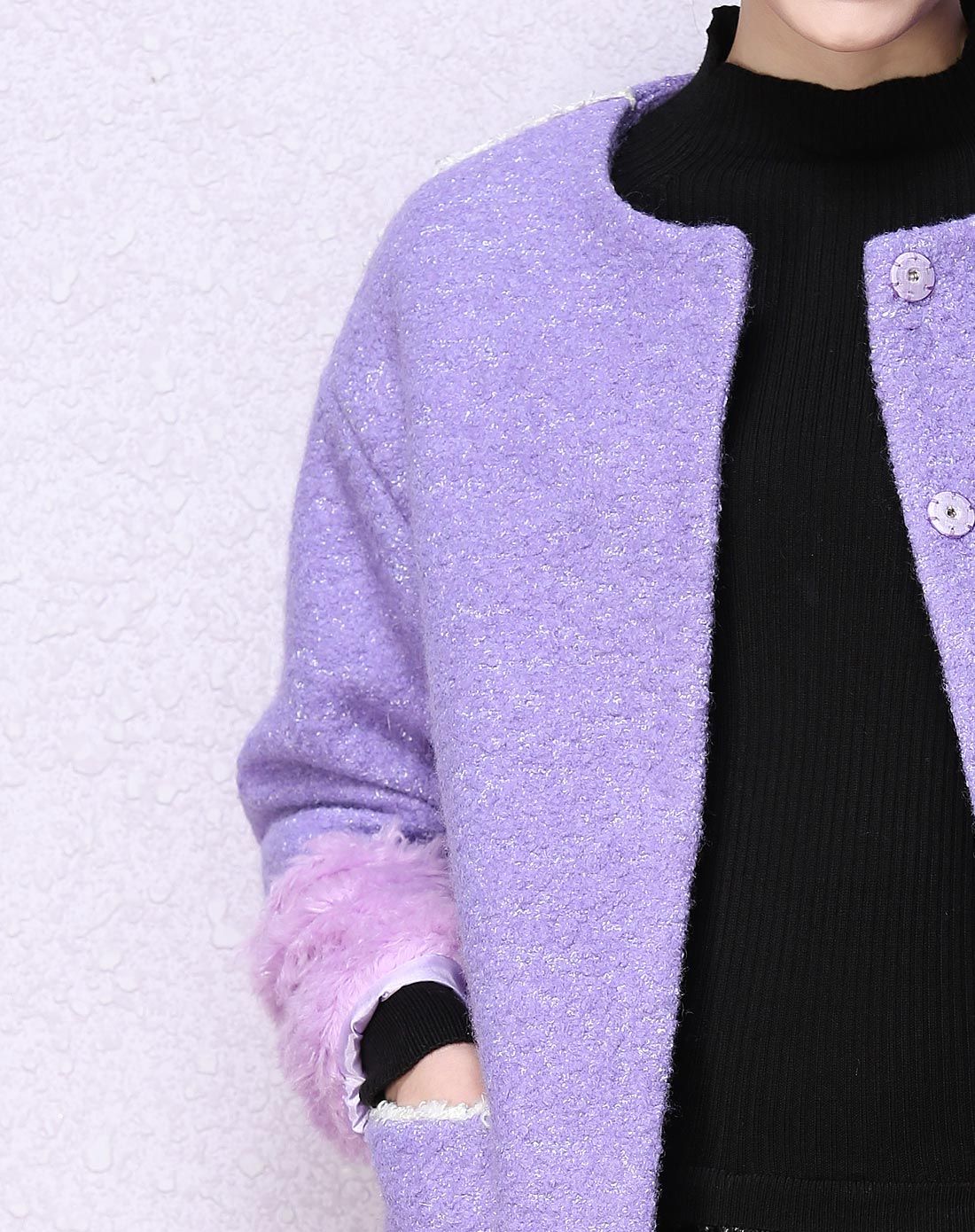 紫色撞色袖口夹棉加厚毛呢外套