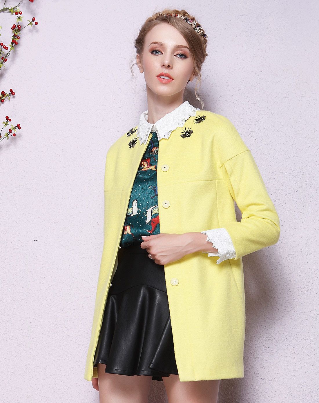 梵希蔓vimly女装专场 黄色欧贝呢中长款外套