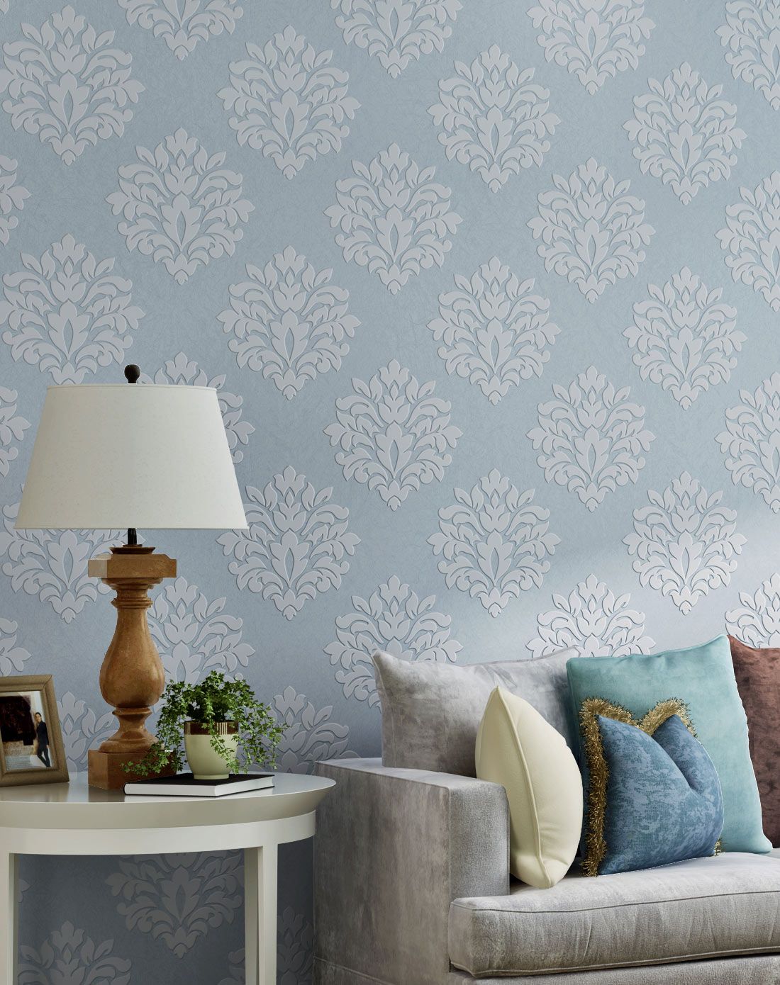 欣旺植绒墙纸无纺布卧室客厅壁纸-灰蓝
