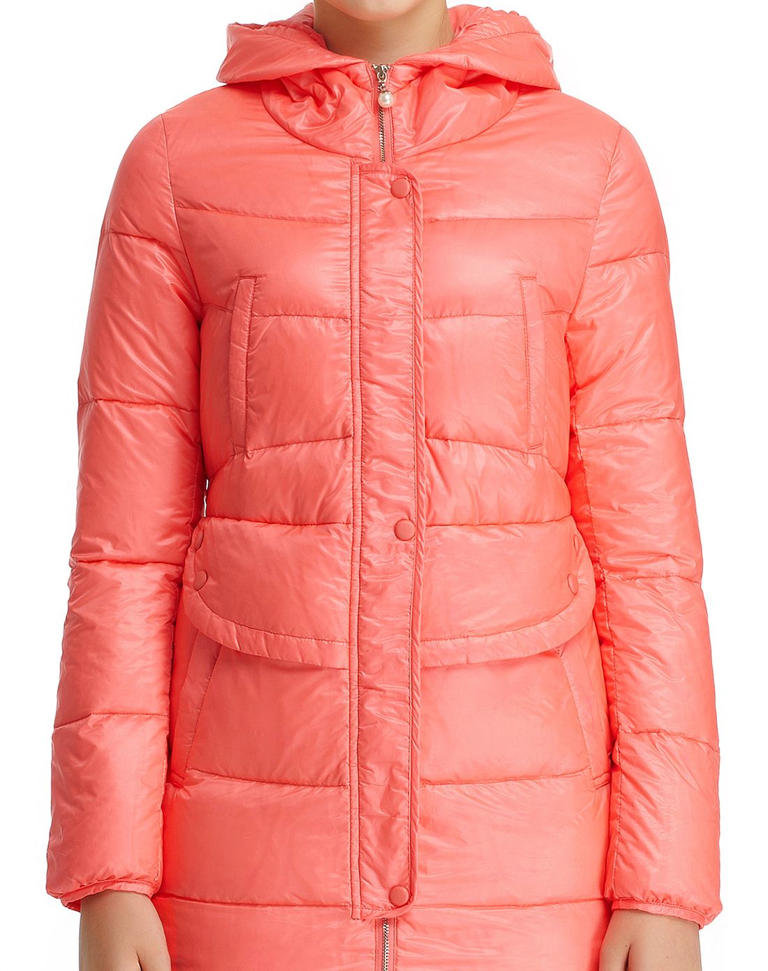 浅桃红色时尚活力长袖中长款羽绒服