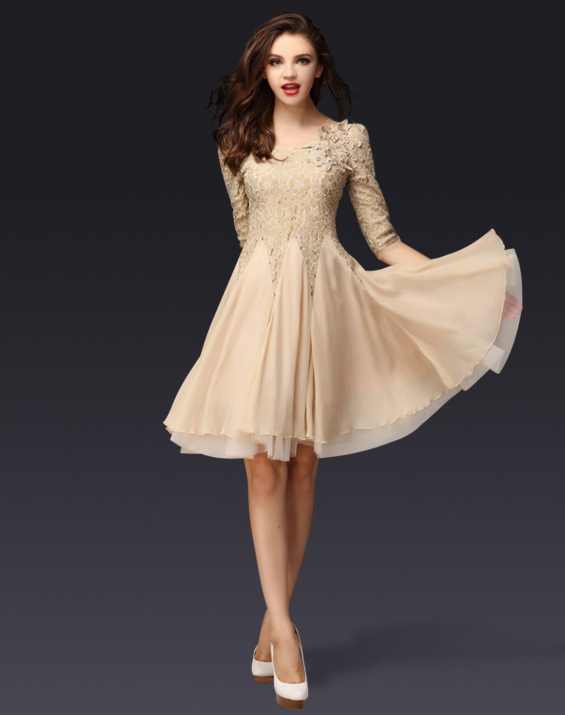 女款杏色修身气质连衣裙