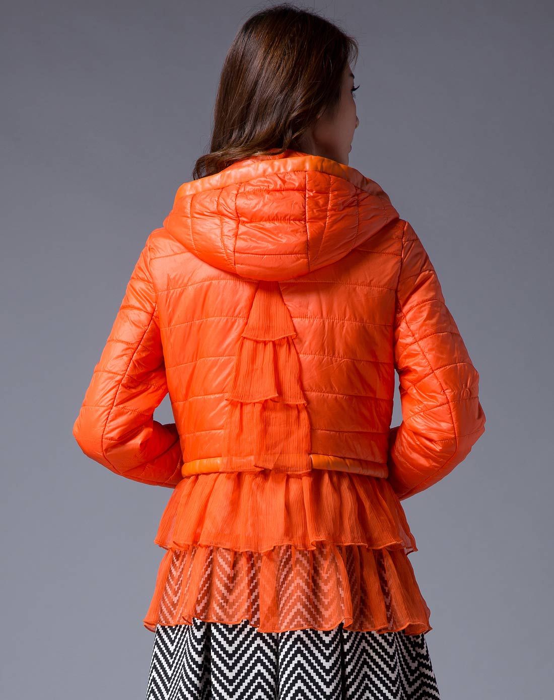 橙色时尚连帽拼接雪纺长袖棉衣