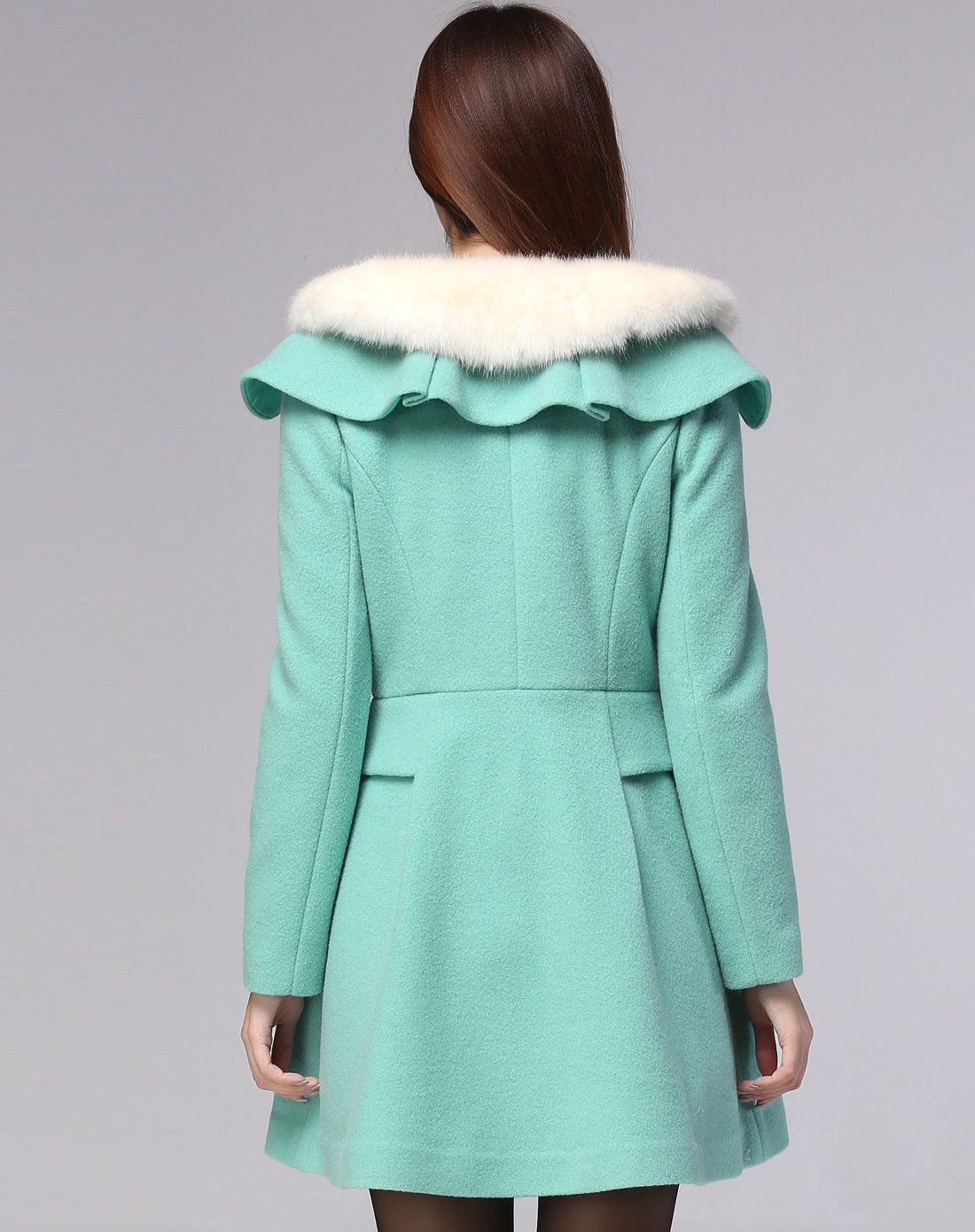 青绿色韩版双排扣中长款毛呢外套