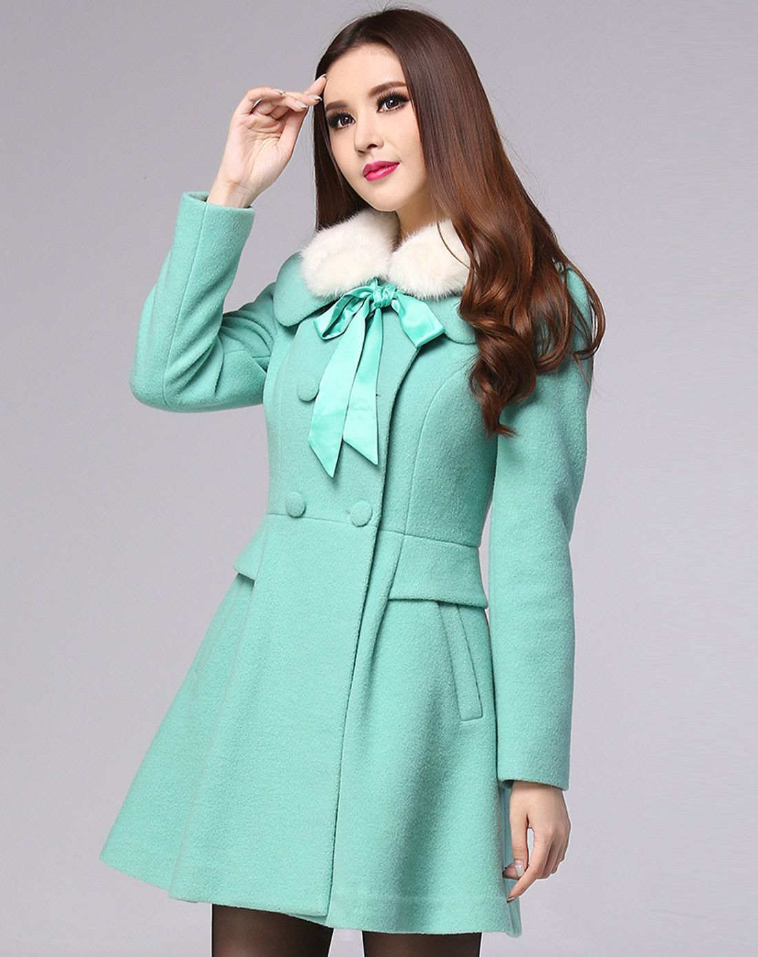 青绿色韩版双排扣中长款毛呢外套