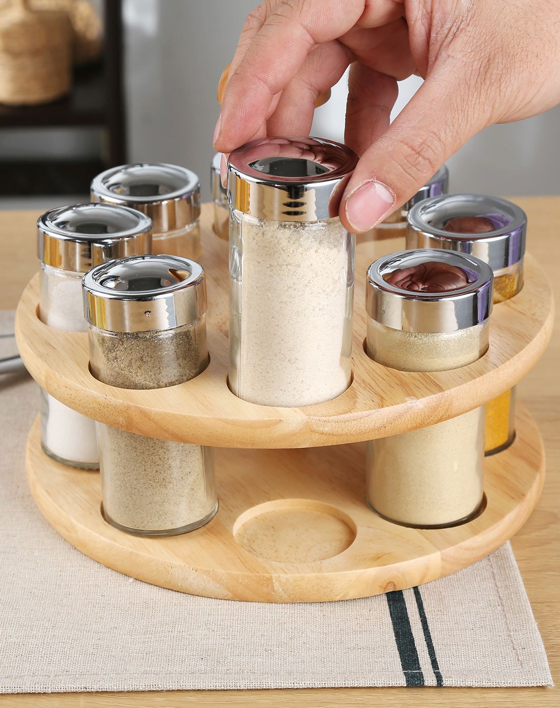 八瓶圆座手提式调味瓶架,放置多样调料