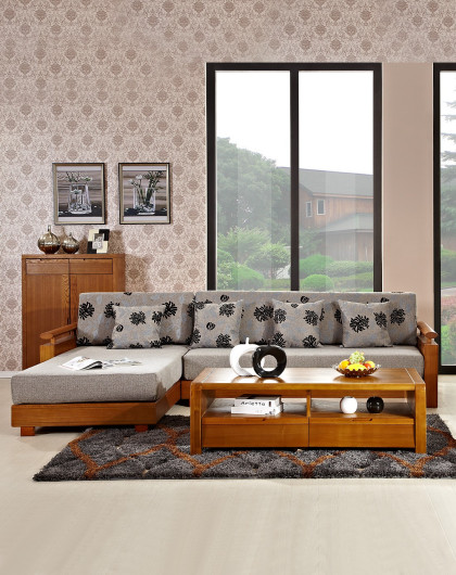 水曲柳布艺沙发三人加贵妃组合