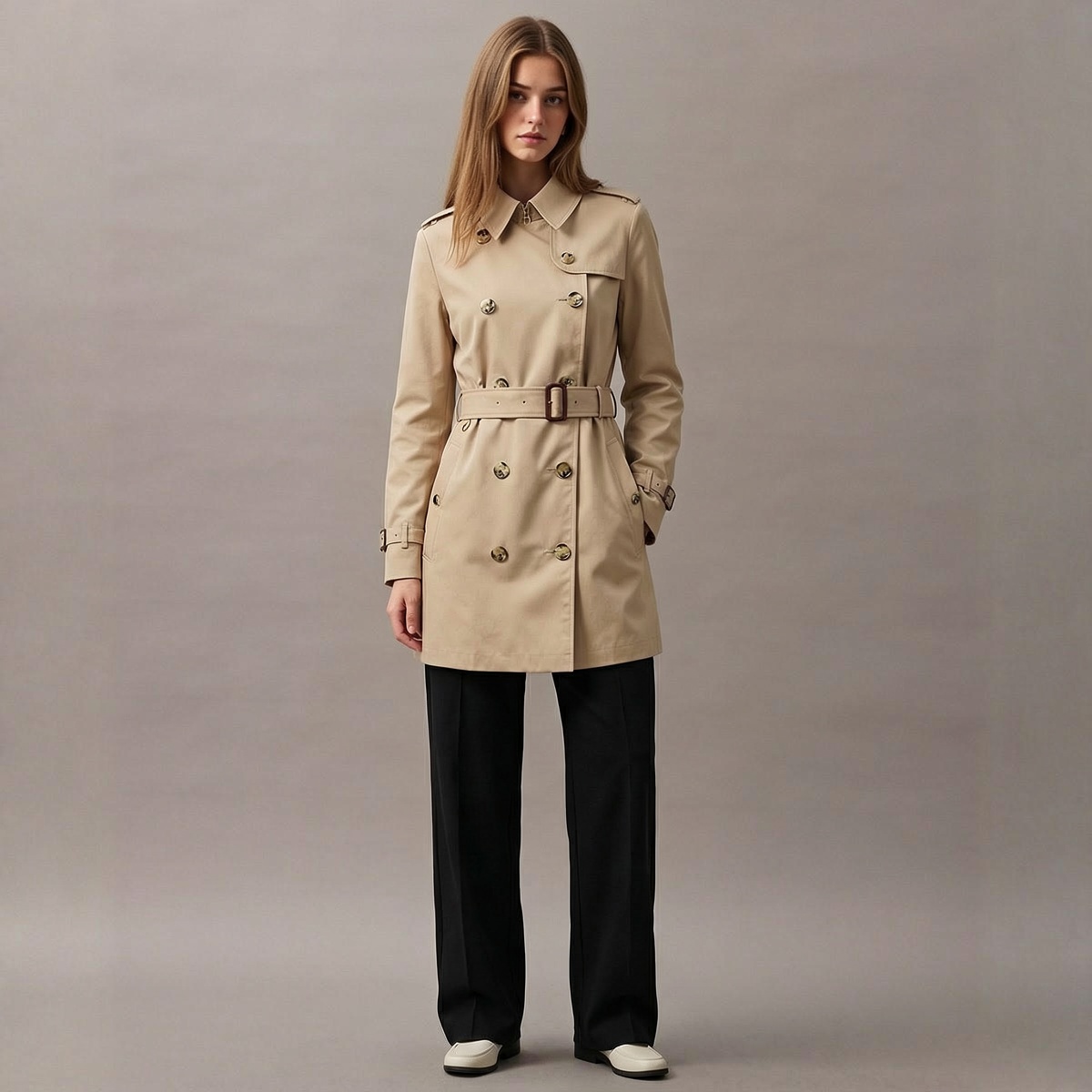BURBERRY 纯色经典双排扣系带女士风衣大衣外套